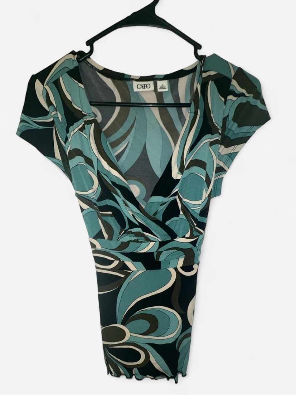 Cato Teal, Black & Cream Abstract Wrap Top